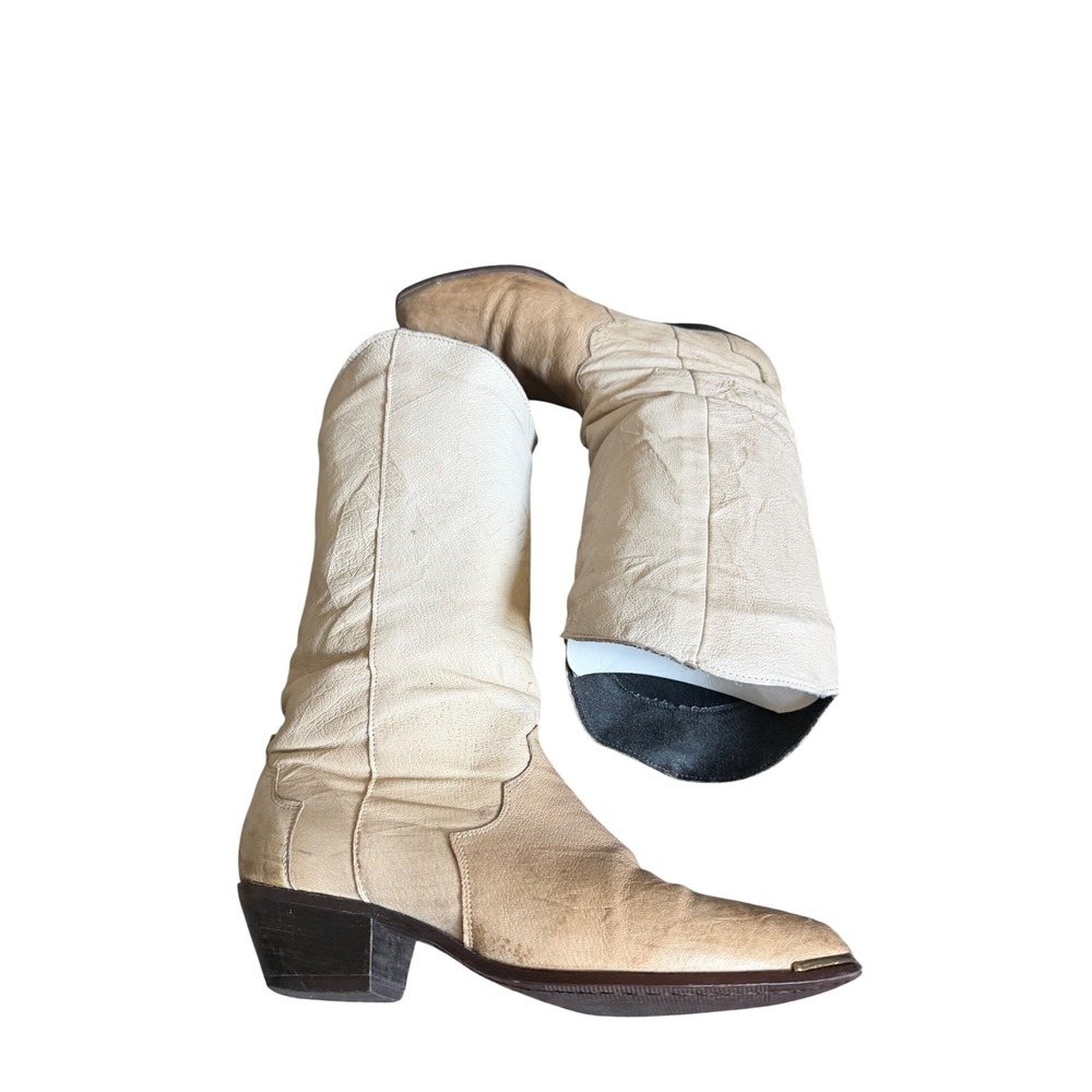 Justin Vintage Western Boots Cream Tan Leather Pointed Toe Metal Tip Womens 8 - Picture 2 of 7